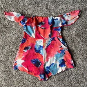 Luxxel floral off shoulder romper with pockets